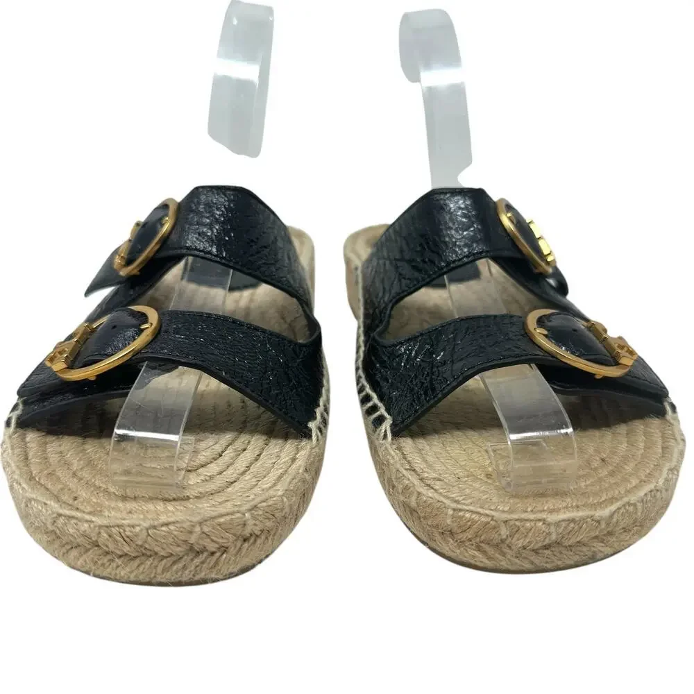 Tory Burch Selby‎ Patent Leather Espadrille Slide Sandals Black Size US 6.5